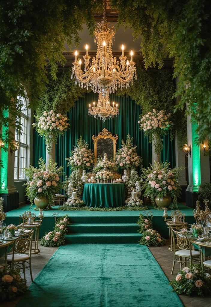 28 Timeless Champagne Wedding Colors Scheme Ideas for Every Season - 11. Emerald Green and Champagne: A Regal Touch