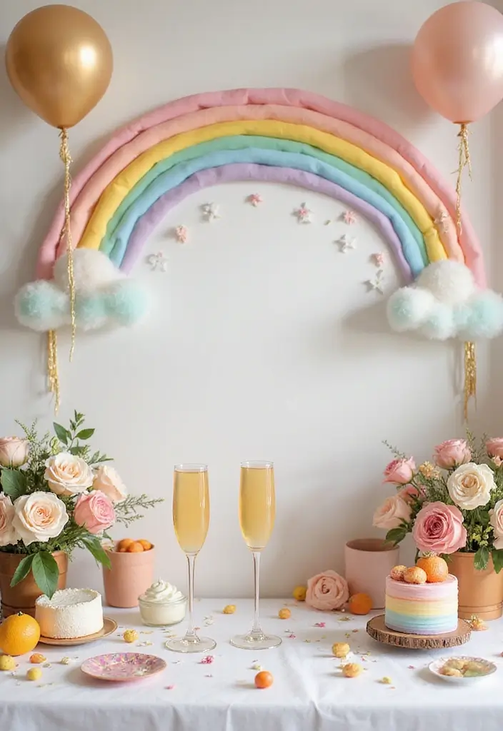 28 Timeless Champagne Wedding Colors Scheme Ideas for Every Season - 20. Pastel Rainbow and Champagne: Whimsical Joy