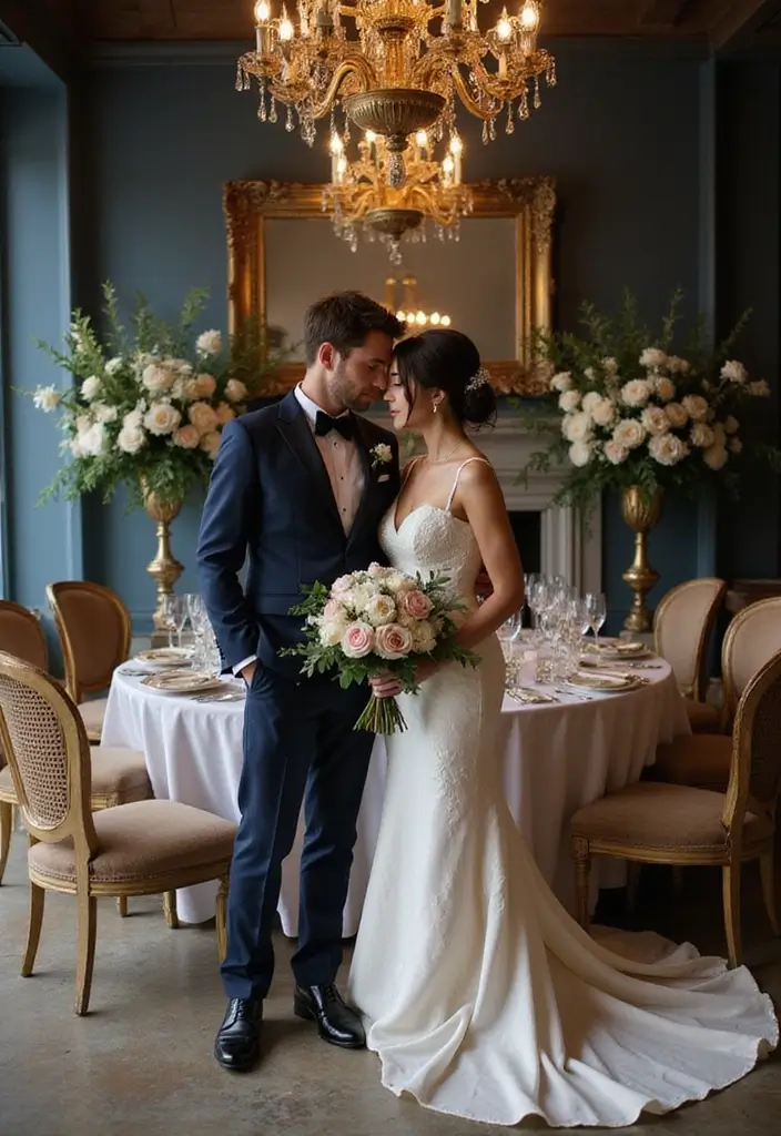 28 Timeless Champagne Wedding Colors Scheme Ideas for Every Season - 7. Navy and Champagne: Timeless Elegance