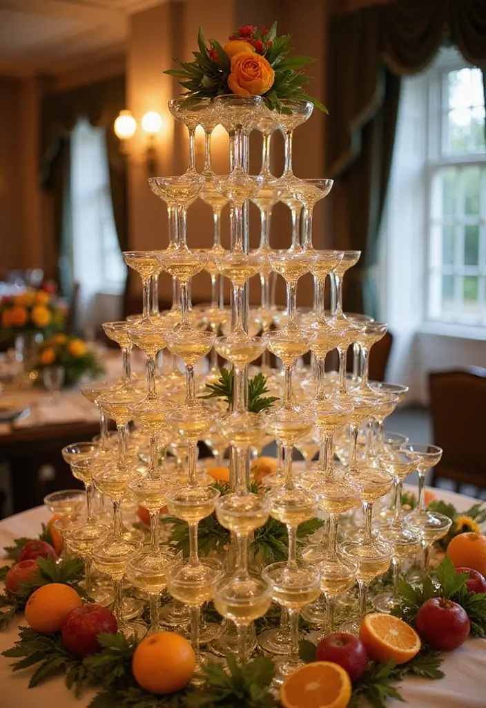 29 Cozy Fall Wedding Inspiration for a Warm and Elegant Atmosphere - 20. Champagne Tower