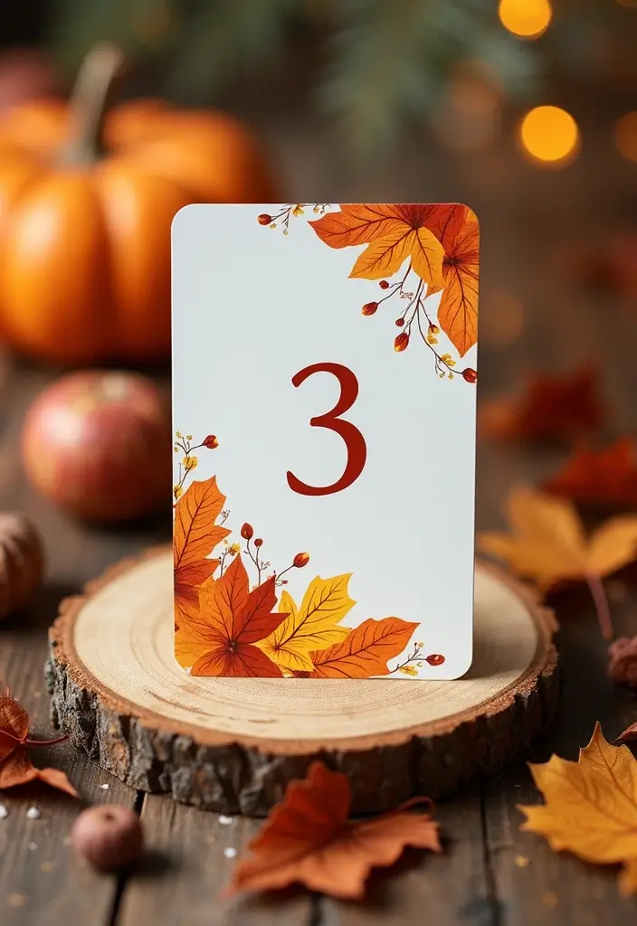 29 Cozy Fall Wedding Inspiration for a Warm and Elegant Atmosphere - 27. Autumn-Themed Table Numbers