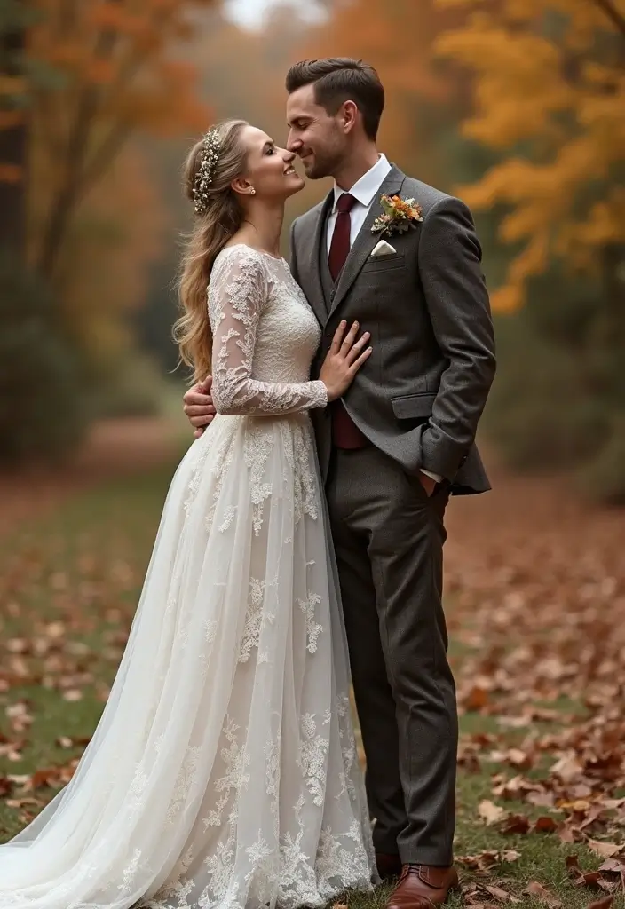 29 Cozy Fall Wedding Inspiration for a Warm and Elegant Atmosphere - 4. Cozy Wedding Attire