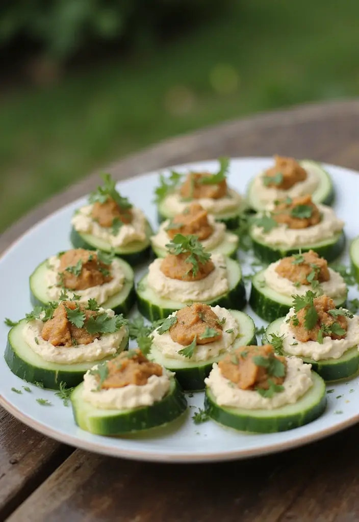 29 Delicious BBQ Wedding Reception Food Ideas for Outdoor Parties - 21. Cucumber and Hummus Cups