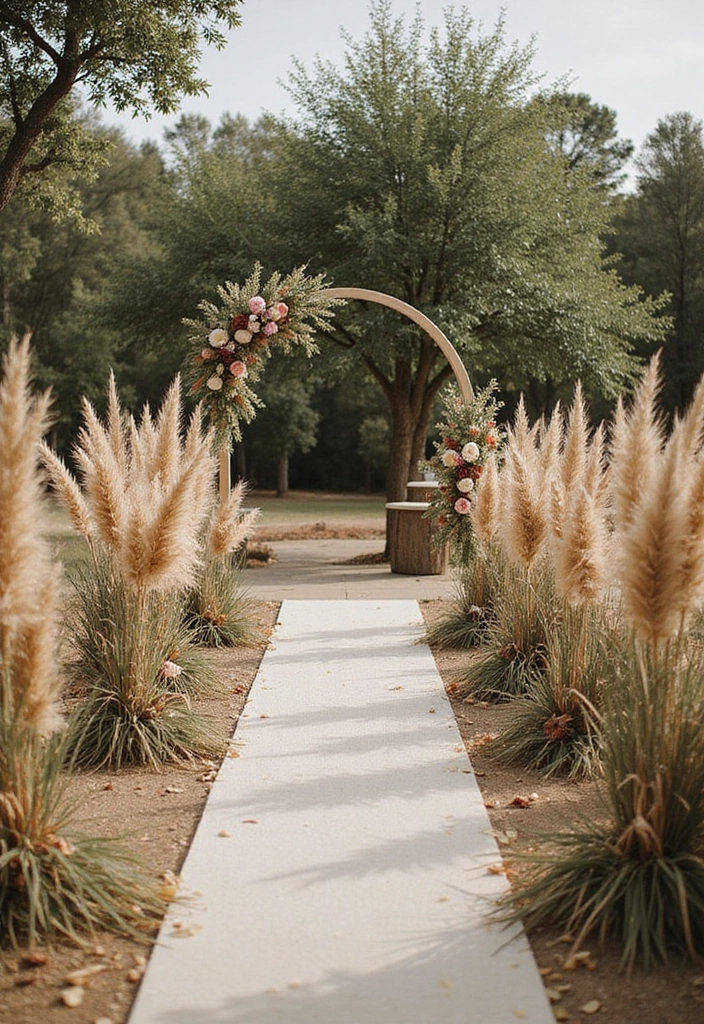 29 Elegant Aisle Flowers Wedding Ideas to Beautify Your Ceremony - 15. Pampas Grass Accents