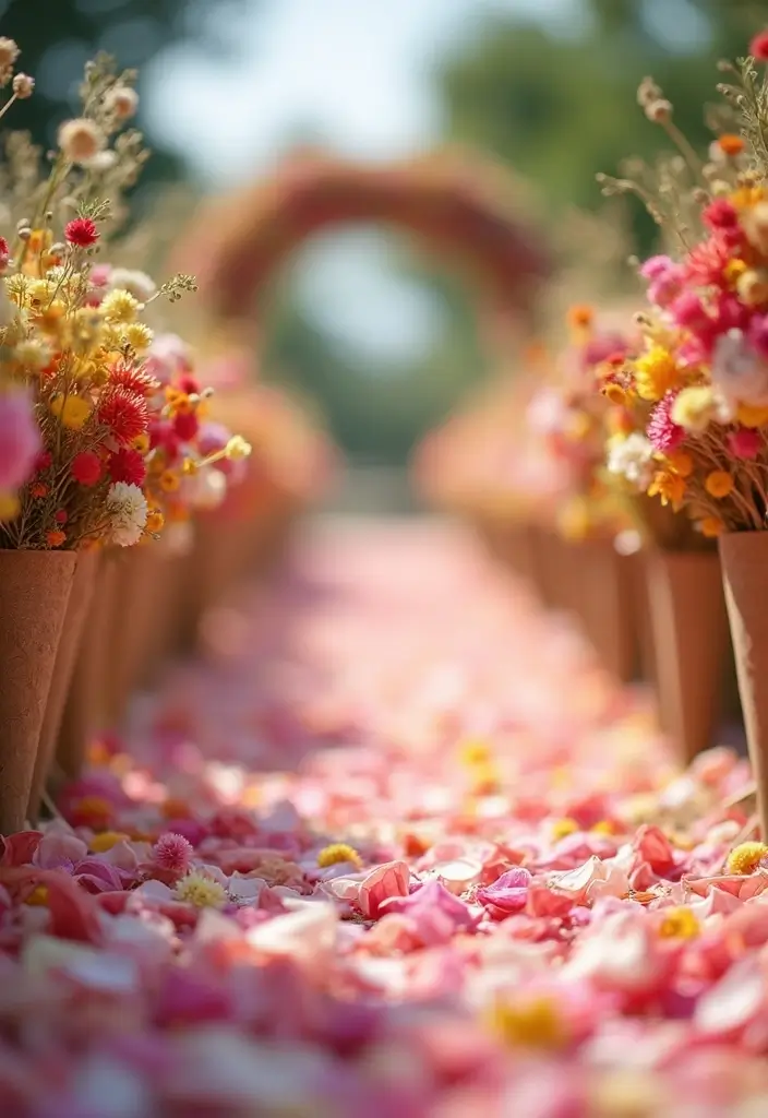 29 Elegant Aisle Flowers Wedding Ideas to Beautify Your Ceremony - 16. Petal Cones