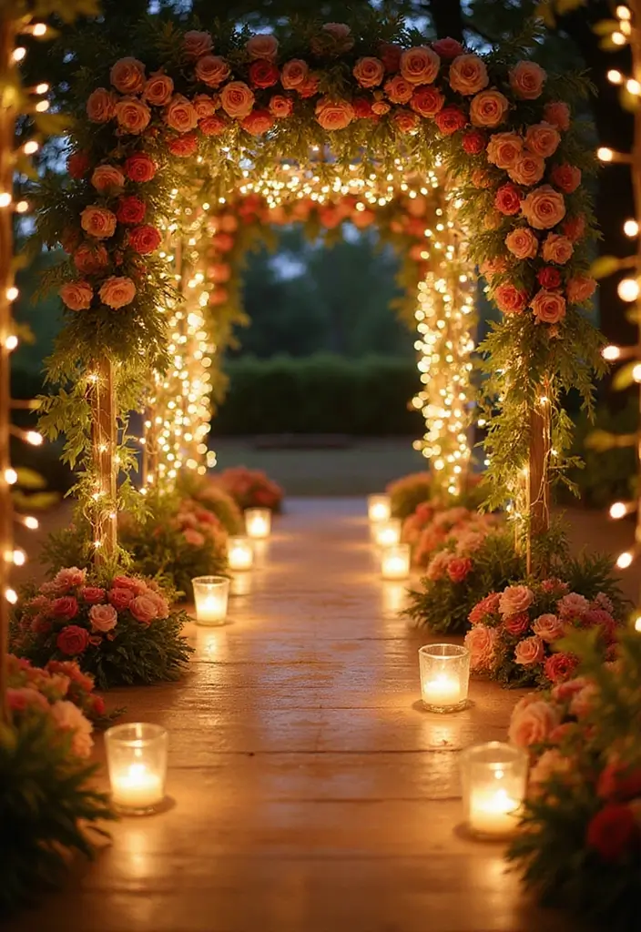 29 Elegant Aisle Flowers Wedding Ideas to Beautify Your Ceremony - 20. Fairy Lights with Flowers