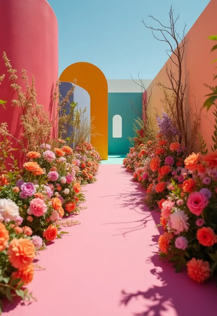 29 Elegant Aisle Flowers Wedding Ideas to Beautify Your Ceremony - 21. Color Blocked Flowers