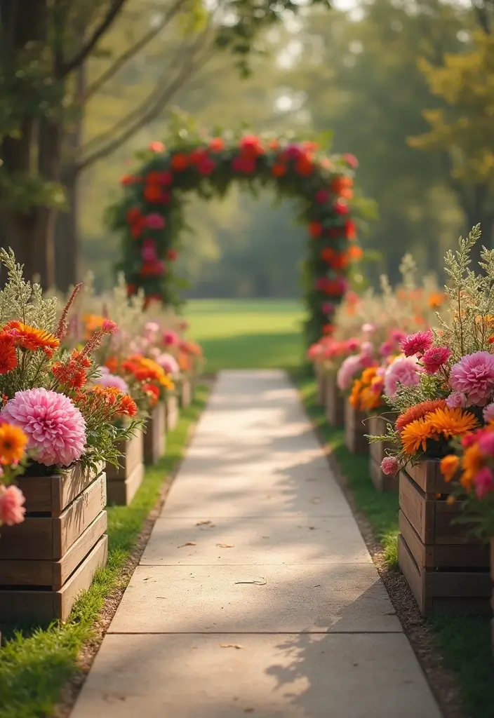 29 Elegant Aisle Flowers Wedding Ideas to Beautify Your Ceremony - 23. Rustic Crates with Flowers