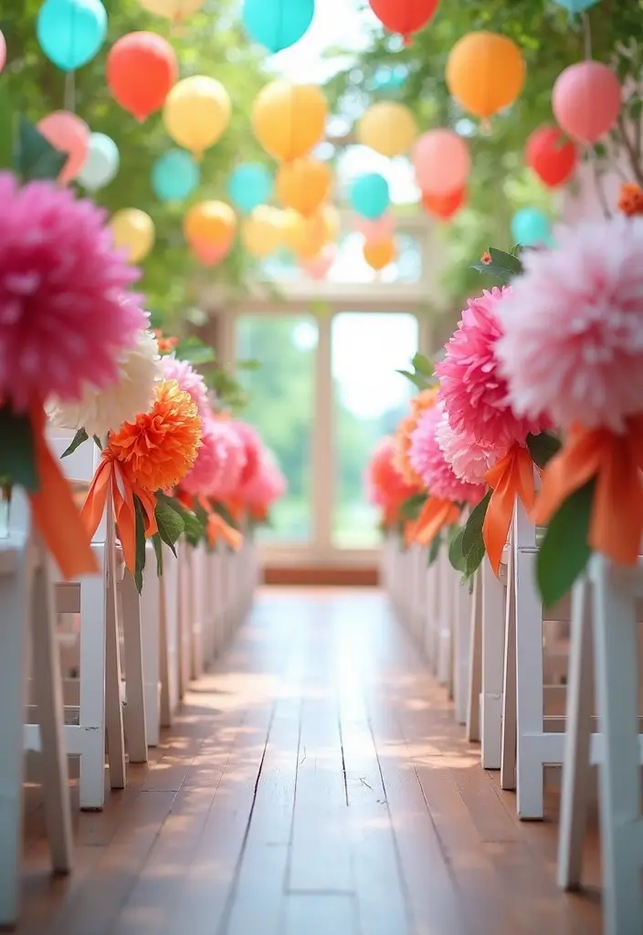 29 Elegant Aisle Flowers Wedding Ideas to Beautify Your Ceremony - 5. Colorful Tissue Paper Flowers