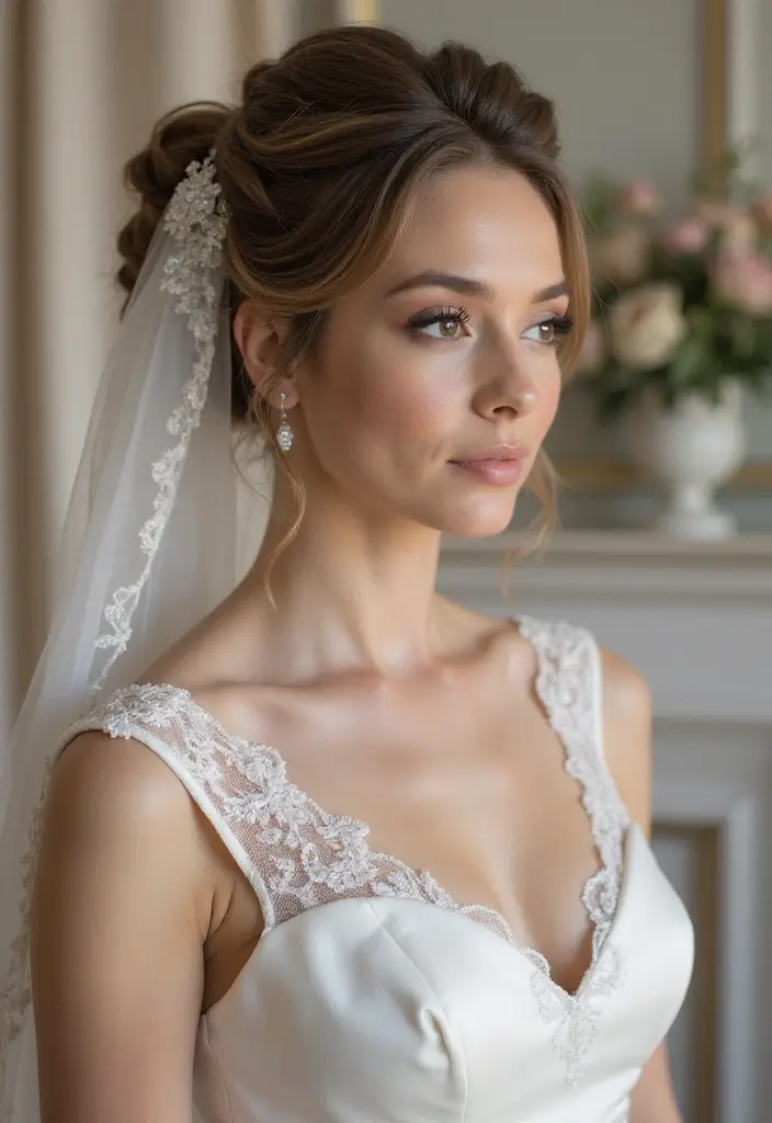 29 Elegant Brunette Wedding Hairstyles to Enhance Your Look - 22. Elegant Updo with Veil