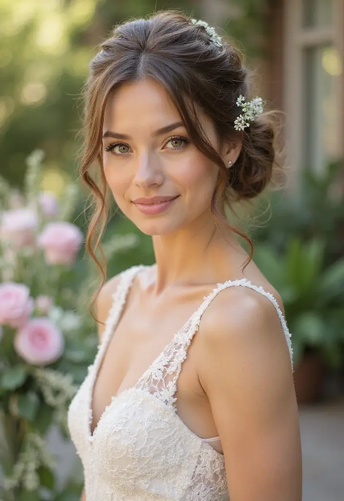 29 Elegant Brunette Wedding Hairstyles to Enhance Your Look - 24. Soft Romantic Updo