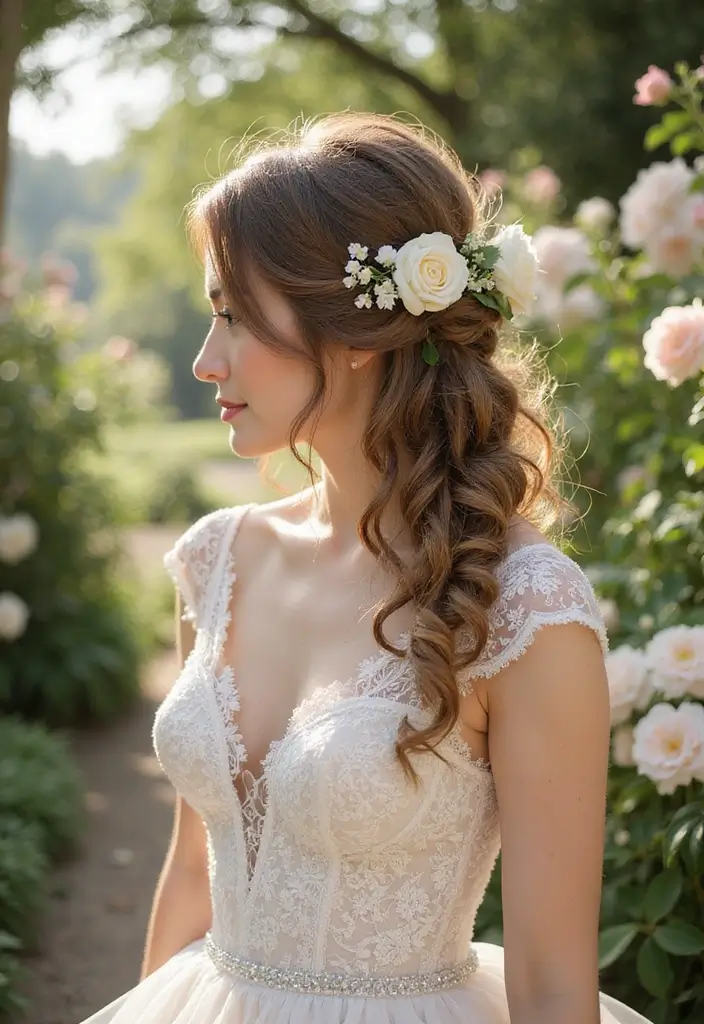 29 Elegant Brunette Wedding Hairstyles to Enhance Your Look - 7. Floral Updo