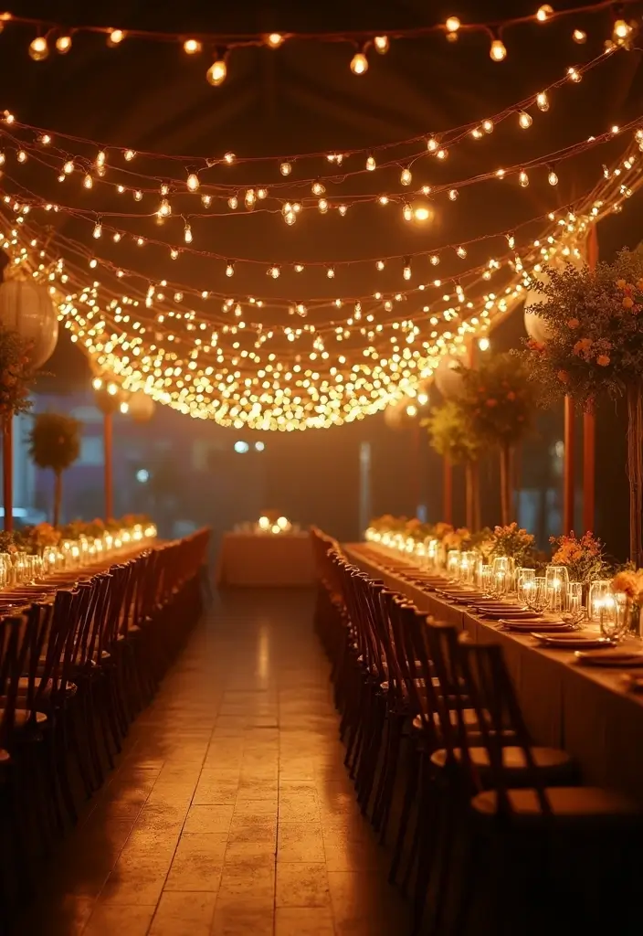 29 Gorgeous 50th Wedding Anniversary Decorations to Wow Your Guests - 14. Golden String Lights