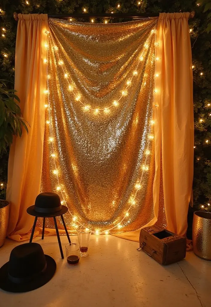 29 Gorgeous 50th Wedding Anniversary Decorations to Wow Your Guests - 2. Golden Photo Backdrop