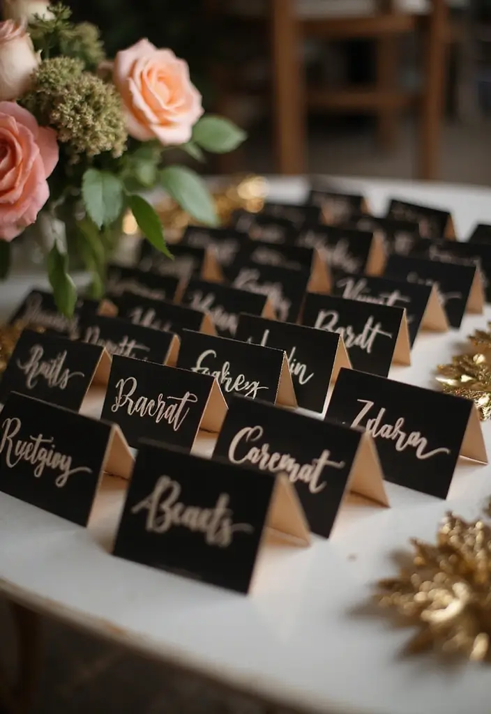 29 Sophisticated Black and Champagne Wedding Colors to Impress - 10. Stylish Escort Cards