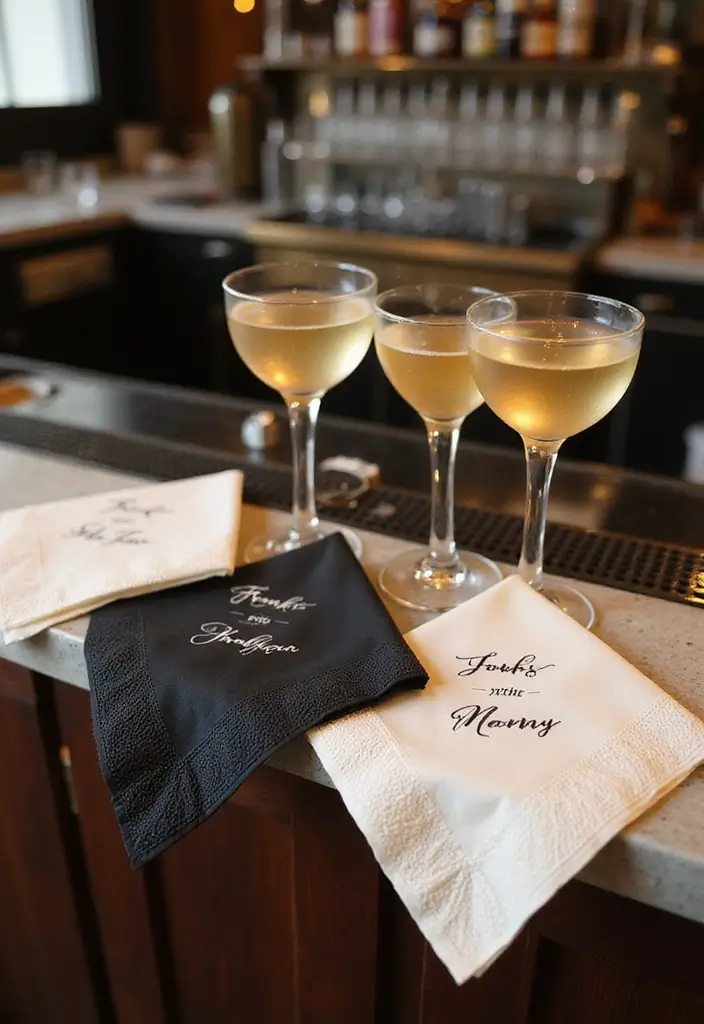 29 Sophisticated Black and Champagne Wedding Colors to Impress - 19. Signature Cocktail Napkins