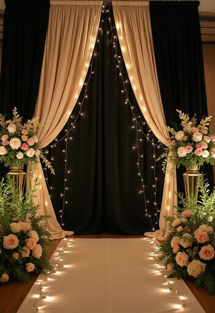 29 Sophisticated Black and Champagne Wedding Colors to Impress - 2. Stunning Ceremony Backdrops