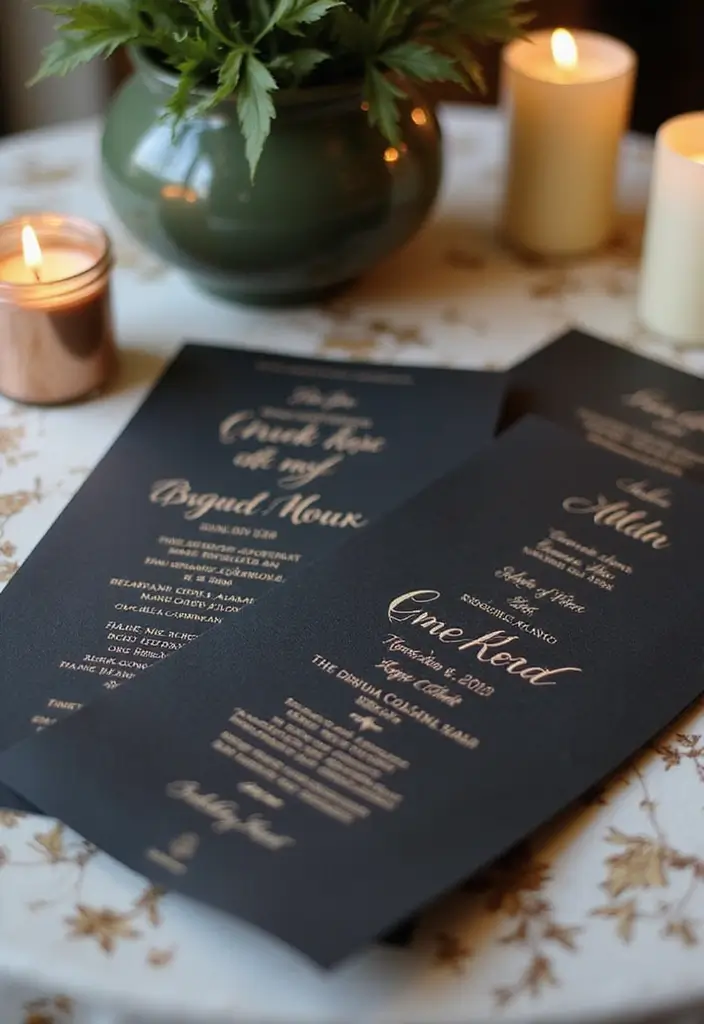 29 Sophisticated Black and Champagne Wedding Colors to Impress - 20. Luxurious Wedding Programs
