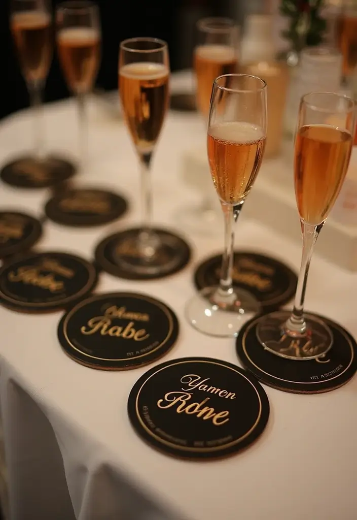 29 Sophisticated Black and Champagne Wedding Colors to Impress - 22. Personalized Coasters