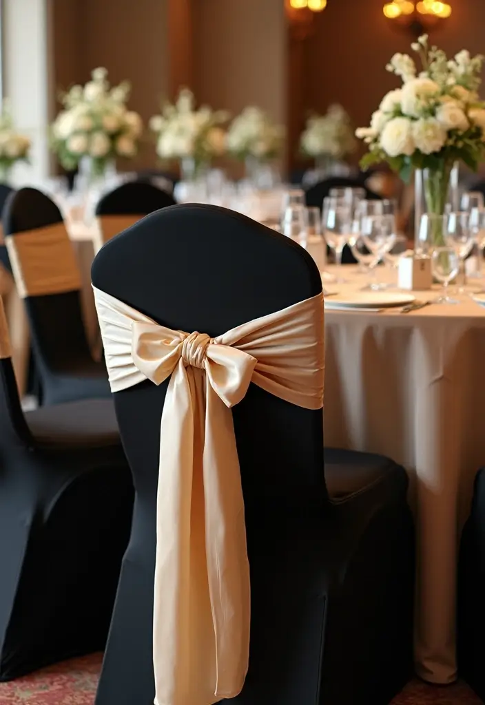 29 Sophisticated Black and Champagne Wedding Colors to Impress - 24. Sophisticated Chair Decor