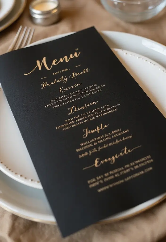 29 Sophisticated Black and Champagne Wedding Colors to Impress - 25. Creative Menu Designs