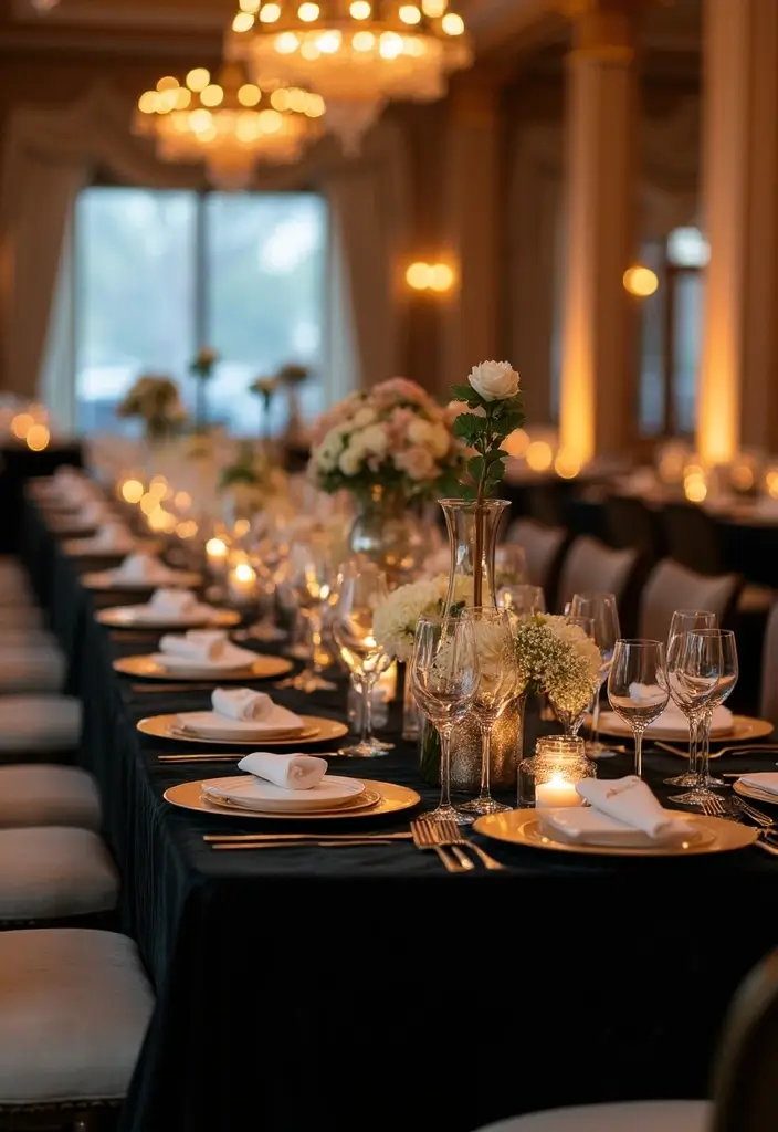 29 Sophisticated Black and Champagne Wedding Colors to Impress - 26. Stylish Table Runners