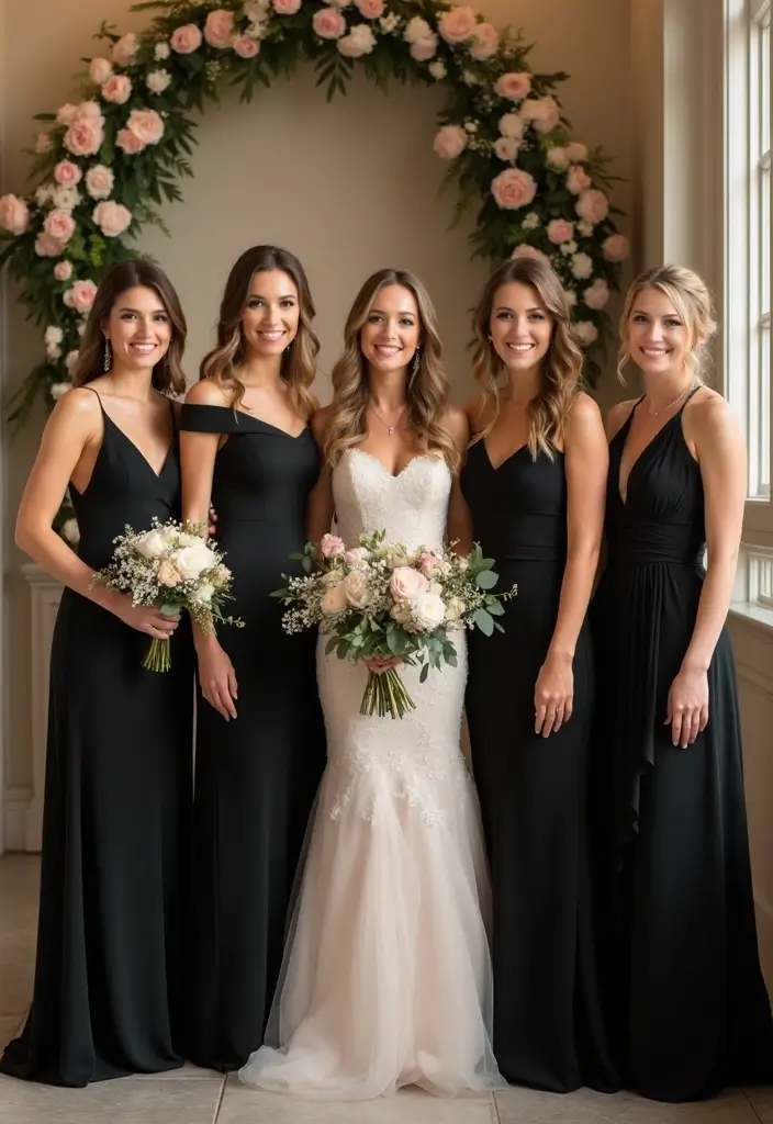 29 Sophisticated Black and Champagne Wedding Colors to Impress - 3. Chic Bridesmaid Dresses