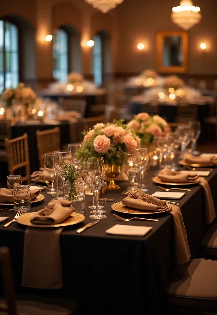 29 Sophisticated Black and Champagne Wedding Colors to Impress - 6. Sophisticated Table Settings