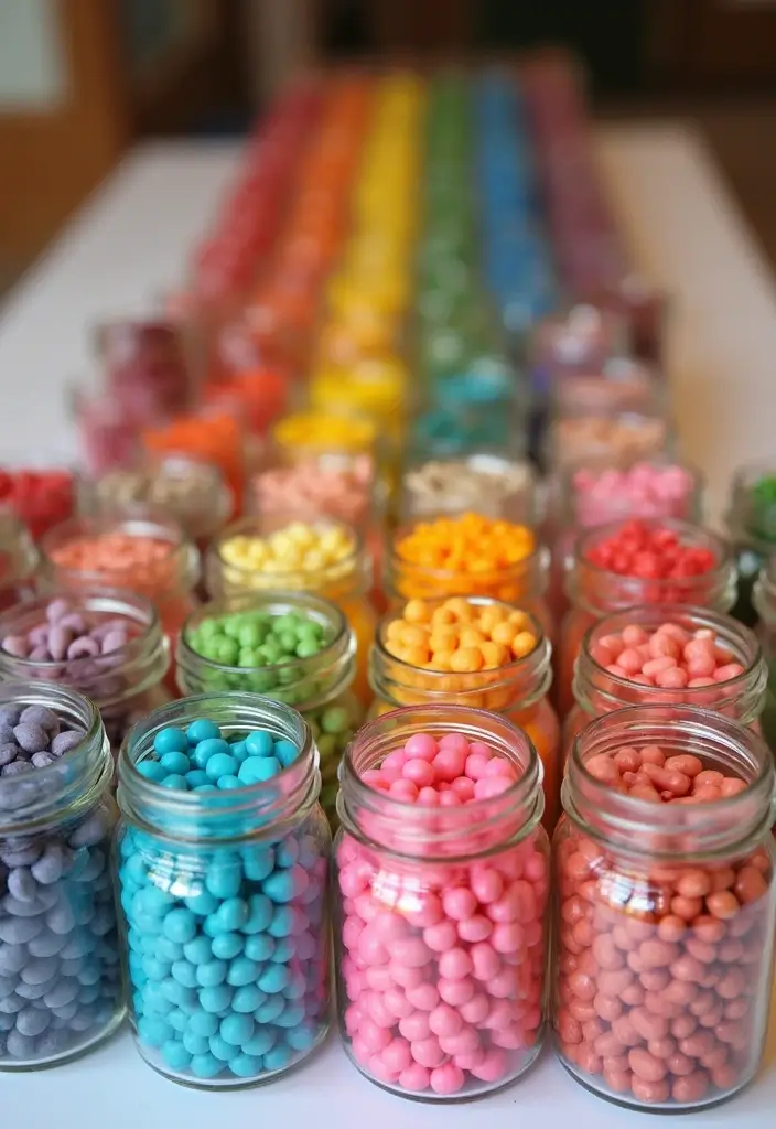 30 Delightful Candy Bar Wedding Ideas for Sweet Celebrations - 24. Rainbow Candy Display