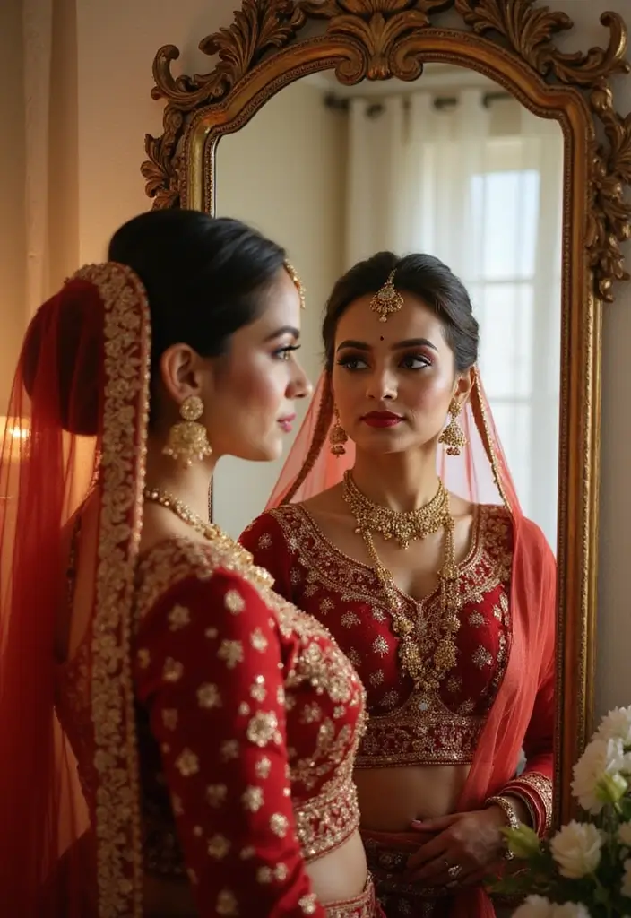 30 Elegant Bridal Poses Indian Wedding Photos You’ll Adore - 4. The Bridal Reflection