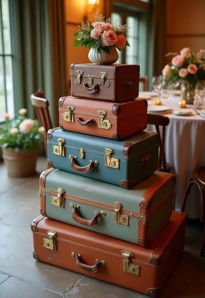 30 Fun and Stylish Retro Wedding Inspiration for Nostalgic Couples - 25. Vintage Luggage as Decor
