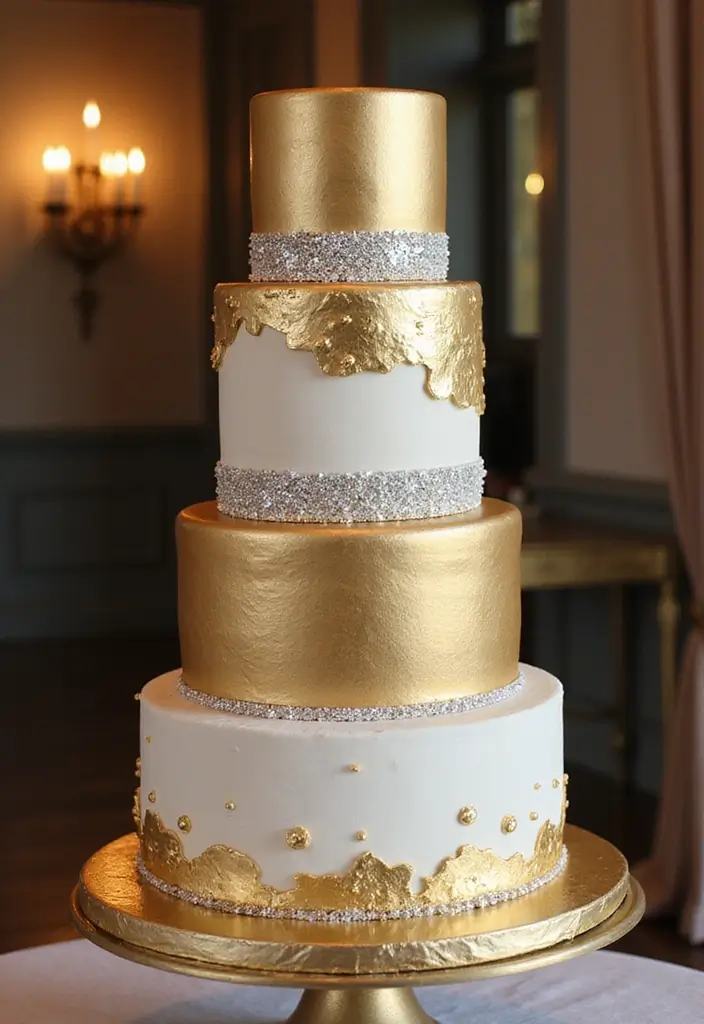 30 Stunning 25th Wedding Anniversary Cakes You’ll Love - 4. Glamorous Gold and Silver Tiered Cake
