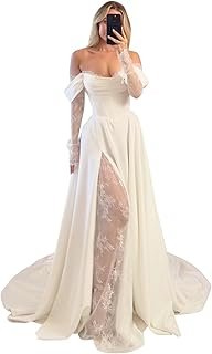 Off Shoulder Satin Wedding Dresses Lace Long Sleeve Prom Dresses Corset ...