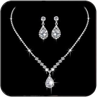 Bride Silver Bridal Necklace Earrings Set Crystal Wedding Jewelry Set Rh...