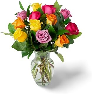 KaBloom Flowers - 12 Assorted Roses and Greens with Vase - Gift for Birt...