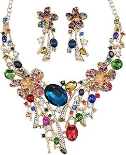 Crystal Flower Jewelry Set for Bride Colorful Statement Necklace & Earri...