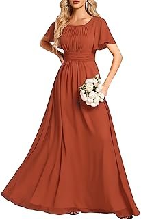 Women's Elegant Round Neck Short Sleeves Chiffon Empire Waist Floor Leng...