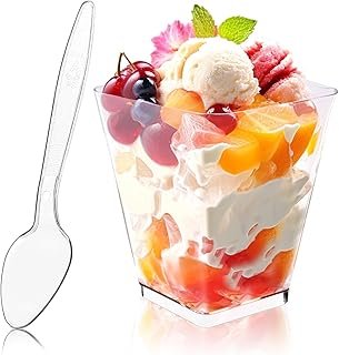 50Pack 5oz Square Plastic Dessert Cups with Spoons, Reusable Clear Parfa...