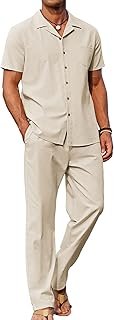 Men 2 Piece Linen Outfit Beach Button Down Shirt Casual Loose Pant Sets