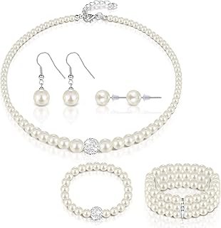Pearl Rhinestone Jewelry Set for Women Pearl Necklace Bracelet Earrings ...