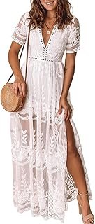 Women's Deep V-Neck Lace Romper Short Sleeve Long Dress