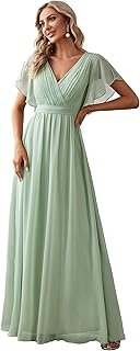 Women's Bridesmaid Dress V-Neck Ruffle Sleeves Ruched Bust Floor Length ...