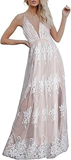 Womens Formal Dresses Deep V-Neck Embroidered Lace Mesh Evening Party Pr...