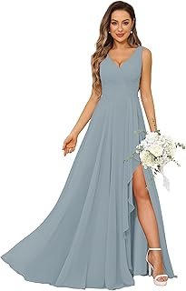 Women Chiffon Long Formal Wedding Guest Dresses with Pocket V Neck Sleev...