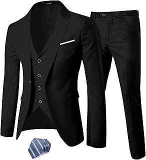 Men's 3 Piece Suit Set with Tie, One Button Slim Fit Solid Jacket Vest P...