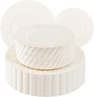 U-QE 100 Piece Ivory Scalloped Plastic Plates for Party - Small Plate, P...