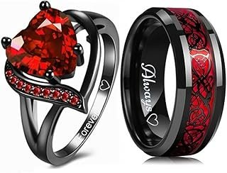 Custom Engraved Couple Rings Set Promise Rings for Him and Her Red and B...