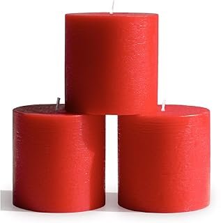 CANDWAX 3x3 Pillar Candles Set of 3 - Rustic Unscented No Drip Red Candl...