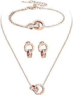 Dainty Necklace Bracelet Earrings Set for Women Gold Silver Rose Gold Di...