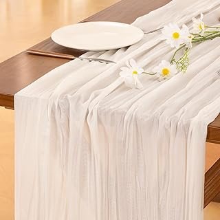 Socomi Ivory White Cheesecloth Table Runner Fall Thanksgiving Boho Rusti...